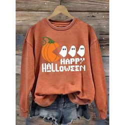 women's casual happy halloween print long sleeve sweatshirt, shirt for men and women, gift shirt on halloween