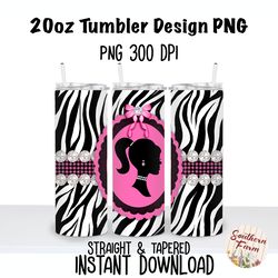Barbie Zebra Print 20oz Skinny Tumbler Sublimation Wrap PNG, Waterslide, UV DTF,  Digital Instant Download