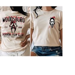 woodsboro horror film club 2 sided shirt,horror film club t-shirt,woodsboro scream,scream ghost tee,bloody and gruesome