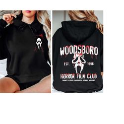 woodsboro horror film club 2 sided sweatshirt,horror film club hoodie,woodsboro scream,scream ghost sweatshirt,bloody an
