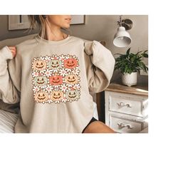 retro pumpkins & flowers sweatshirt, grunge happy face pumpkin,vintage fall, groovy halloween,happy flowers,retro smiley