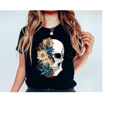bloom skull shirt, halloween shirt, floral skull boho graphic tee, womens fall shirt, flower skull skeleton t-shirt, ske