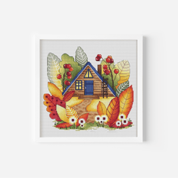 Cozy Autumn House Cross Stitch Pattern PDF,Fall Counted Cross Stitch Art Leaves Hand Embroidery Pattern Instant Download