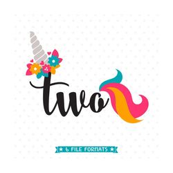 2nd birthday svg, unicorn birthday svg, two years old cut file, unicorn party svg, second birthday iron on file, 2nd bir