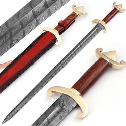 carolingian revival forged damascus sword triangle brass pommel leather sheath included