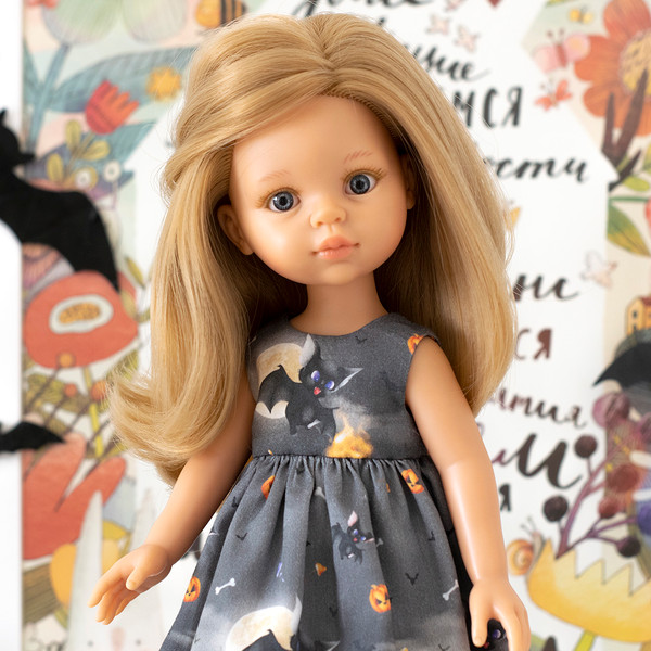 Paola Reina doll in a dress with bats for Halloween
