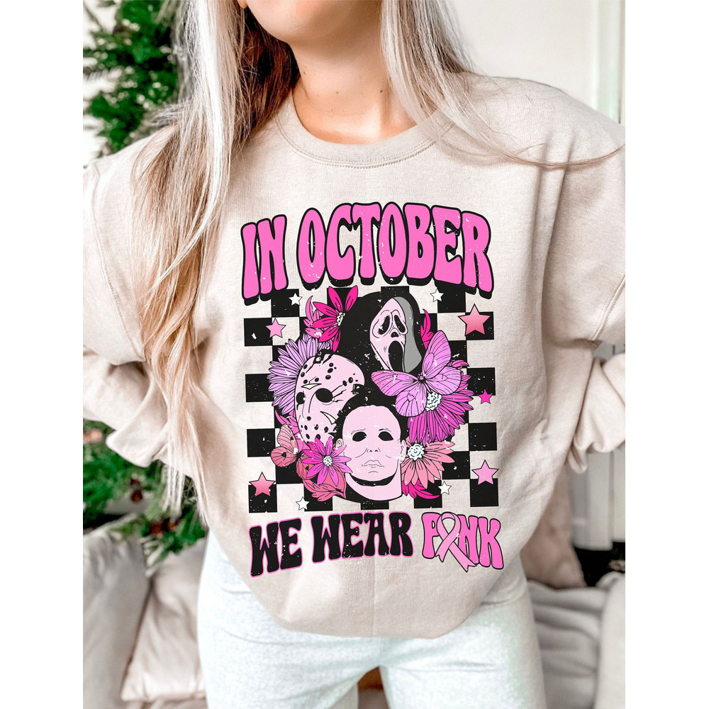 In October we wear pink png, breast cancer awareness png, scream png, halloween png, pink horror png, jason, Michael myers, retro cancer png - 1.jpg