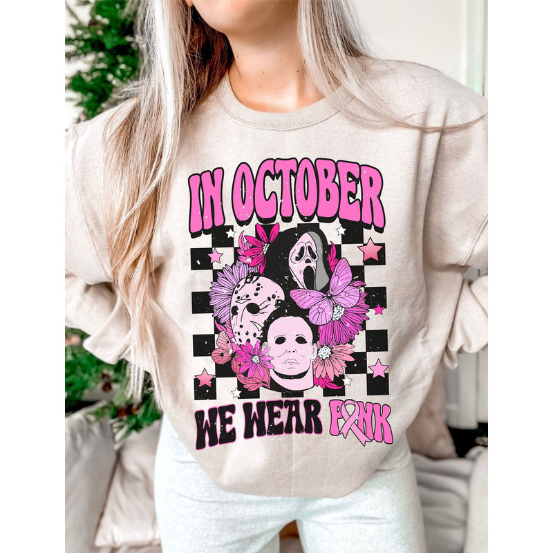 In October we wear pink png, breast cancer awareness png, scream png, halloween png, pink horror png, jason, Michael myers, retro cancer png - 1.jpg