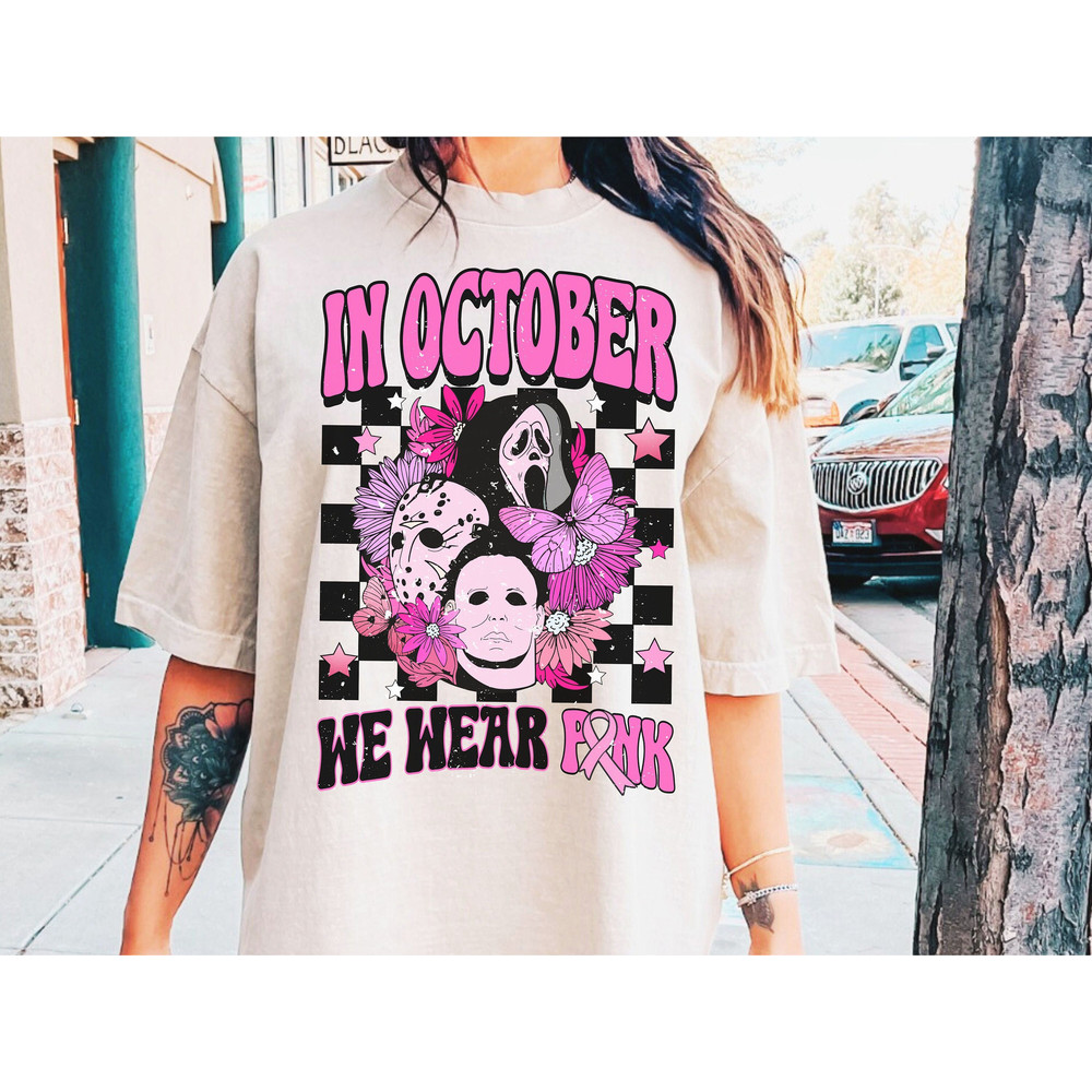 In October we wear pink png, breast cancer awareness png, scream png, halloween png, pink horror png, jason, Michael myers, retro cancer png - 2.jpg
