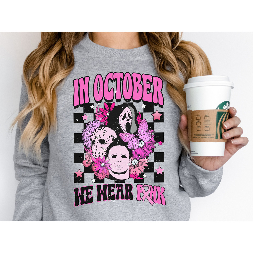 In October we wear pink png, breast cancer awareness png, scream png, halloween png, pink horror png, jason, Michael myers, retro cancer png - 3.jpg