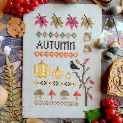 Autumn cross stitch primitive pattern Fall cross stitch Acorn Mushrooms Pumpkin cross stitch chart Seasons  cross