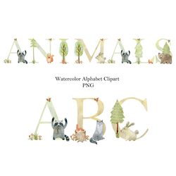 Woodland animals letters, nursery alphabet, numbers birthday, watercolor forest animals letter.