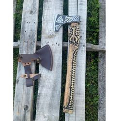 Handmade Rare Art Carbon Steel Blade Viking Throwing Axe - Carved Ashwood Handle - Viking Axe