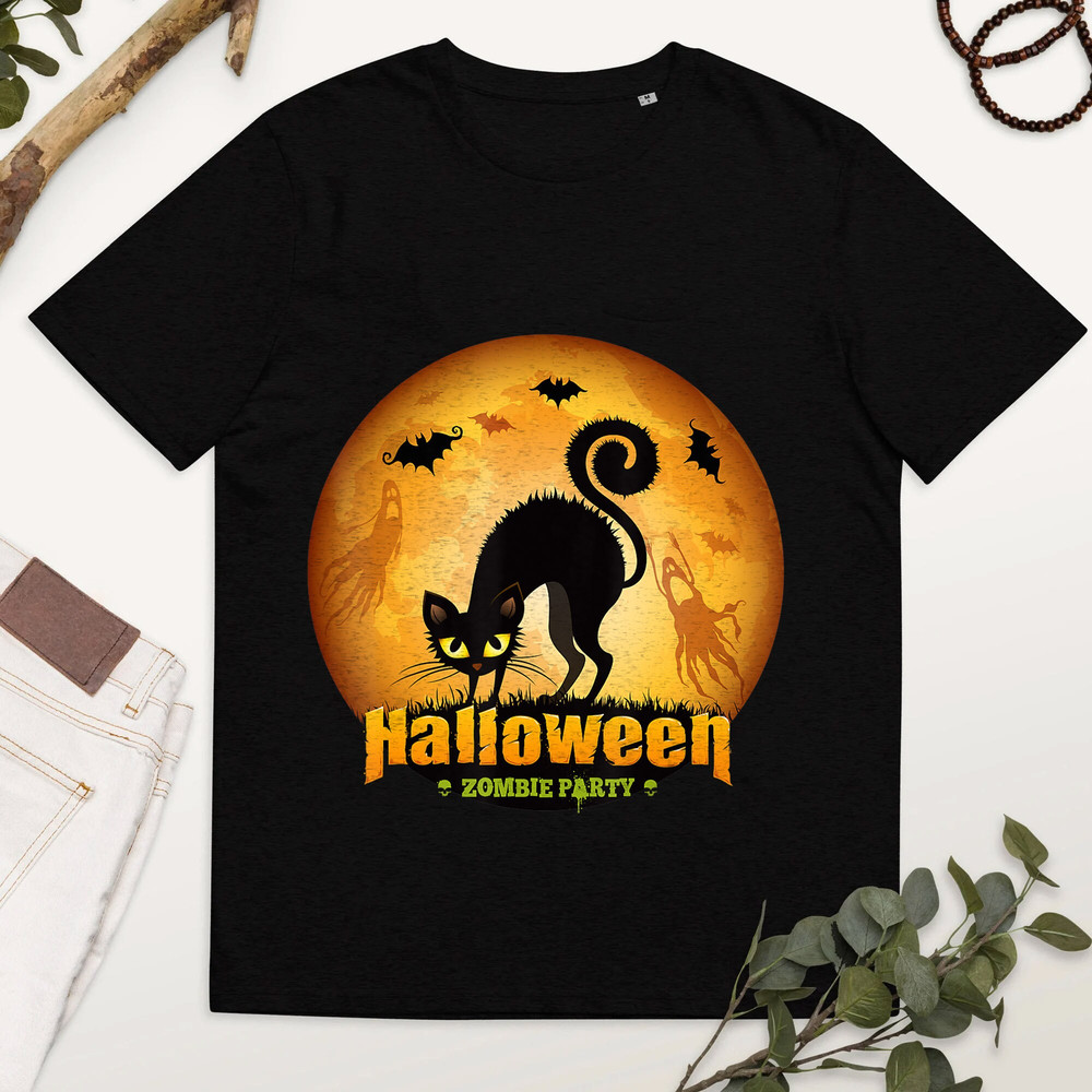 Bats Cats Ghosts Zombie Party Halloween Print Shirt, Halloween Black Cat Shirt, Cat Lover Shirt.jpg