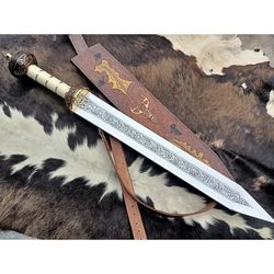remarkable hand forged sword, longsword, handmade chisel engraved/hand engraved roman gladius viking sword-gift for men