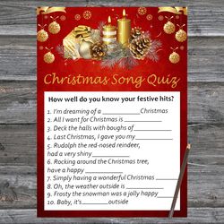 Christmas party games,Christmas Song Trivia Game Printable,Gold Christmas candles Christmas Trivia Game Cards