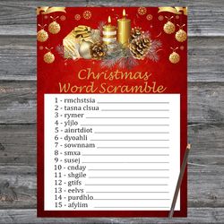 Christmas party games,Christmas Word Scramble Game Printable,Gold Christmas candles Christmas Trivia Game Cards