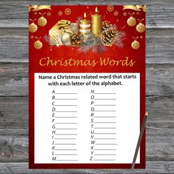 Christmas party games,Christmas Word A-Z Game Printable,Gold Christmas candles Christmas Trivia Game Cards