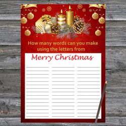 Christmas party games,How Many Words Can You Make From Merry Christmas,Gold Christmas candles Christmas Trivia Game Card