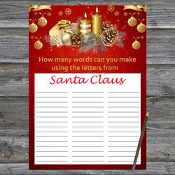 Christmas party games,How Many Words Can You Make From Santa Claus,Gold Christmas candles Christmas Trivia Game Cards