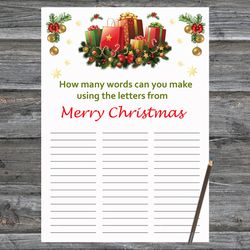 Christmas party games,How Many Words Can You Make From Merry Christmas,Christmas presents Christmas Trivia Game Cards