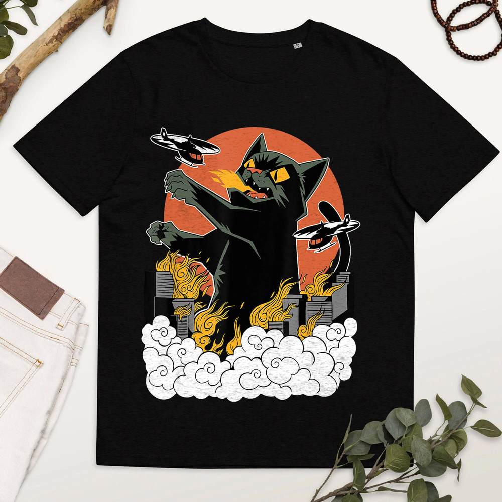 Black Japanese Catzilla Sunset Fit, Black Cat Shirt, Halloween Black Cat Tee, Cat Lover Shirt, Animal Lover Shirt, Japanese Sunset Shirt.jpg