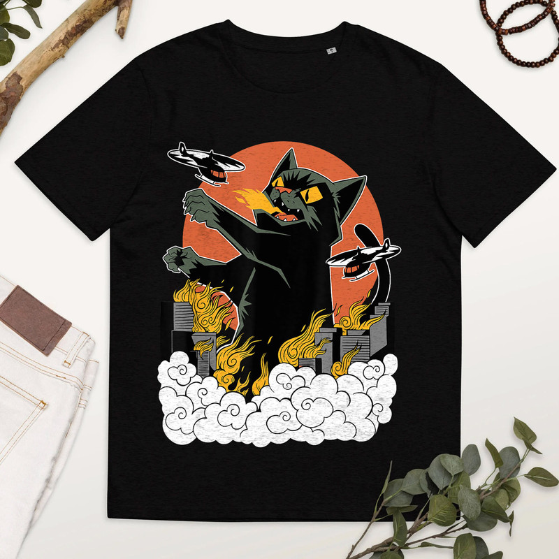 Black Japanese Catzilla Sunset Fit, Black Cat Shirt, Halloween Black Cat Tee, Cat Lover Shirt, Animal Lover Shirt, Japanese Sunset Shirt.jpg