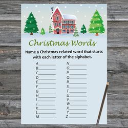 Christmas party games,Christmas Word A-Z Game Printable,Winter house Christmas Trivia Game Cards