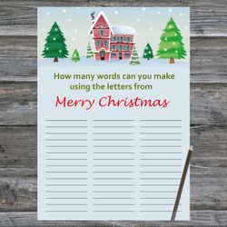 Christmas party games,How Many Words Can You Make From Merry Christmas,Winter house Christmas Trivia Game Cards