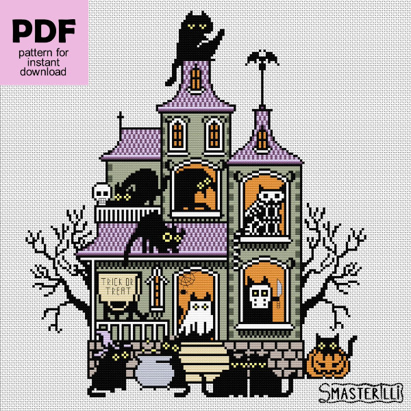 Black cats and hauned house cross stitch pattern 0529 1.JPG