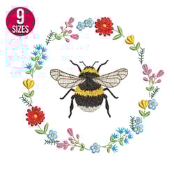 floral bee wreath embroidery design, machine embroidery pattern, instant download