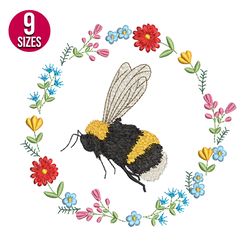 Bee with Floral Wreath embroidery design, Machine embroidery pattern, Instant Download