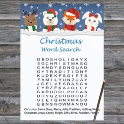 Christmas party games,Christmas Word Search Game Printable,Winter animals Christmas Trivia Game Cards