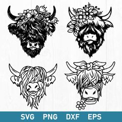 Cow Bundle Svg, Highland Cow Svg, Highland Heifer Svg, Cow With Flower Svg, Png Dxf Eps File