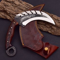custom handmade carbon steel viking karambit with polished wood handle
