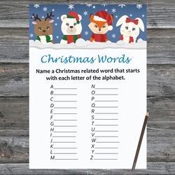 Christmas party games,Christmas Word A-Z Game Printable,Winter animals Christmas Trivia Game Cards