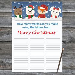 Christmas party games,How Many Words Can You Make From Merry Christmas,Winter animals Christmas Trivia Game Cards