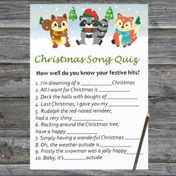 Christmas party games,Christmas Song Trivia Game Printable,Woodland Winter animals Christmas Trivia Game Cards