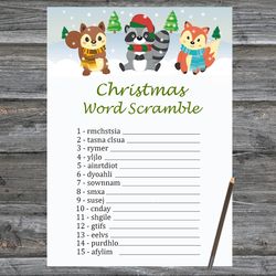 Christmas party games,Christmas Word Scramble Game Printable,Woodland Winter animals Christmas Trivia Game Cards