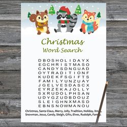 Christmas party games,Christmas Word Search Game Printable,Woodland Winter animals Christmas Trivia Game Cards