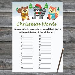 Christmas party games,Christmas Word A-Z Game Printable,Woodland Winter animals Christmas Trivia Game Cards