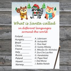 Christmas party games,Christmas Around the World Game Printable,Woodland Winter animals Christmas Trivia Game Cards