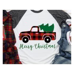 merry christmas svg, christmas truck svg, buffalo plaid truck svg, vintage red truck svg, christmas tree svg cut files f