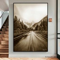 Black white Brown Gray Sepia landscape wall art Nature photo print Pine trees Forest Mountains monochromatical poster