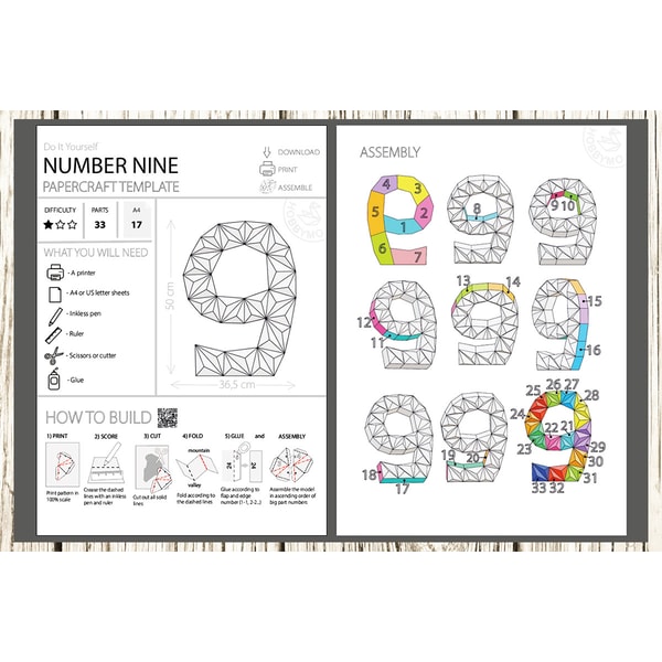 9 Paper Pattern DIY Paper Number Nine 3D Papercraft Printable PDF | Inspire Uplift
