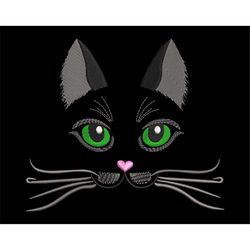 Cat Face Green Eyes Embroidery Design, Halloween Witch's Black Cat, Machine file in 3 sizes