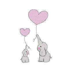 Mom and Baby Elephant Embroidery Design, Sketch Stitch Love Hearts, Mother's day Machine files in 4 sizes