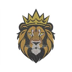 Crowned Black Lion Embroidery Design - Regal Jungle King with Gold Crown, Fill Stitch Pattern, Machine PES Files