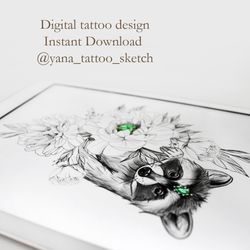 Raccoon Tattoo Design Raccoon And Flowers Peony Tattoo Sketch Ideas, Instant download PDF, JPG, PNG files