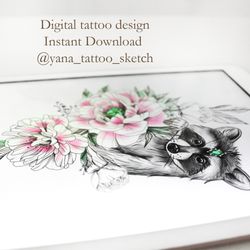 Raccoon Tattoo Design Raccoon And Flowers Peony Tattoo Sketch Ideas, Instant download PDF, JPG, PNG files